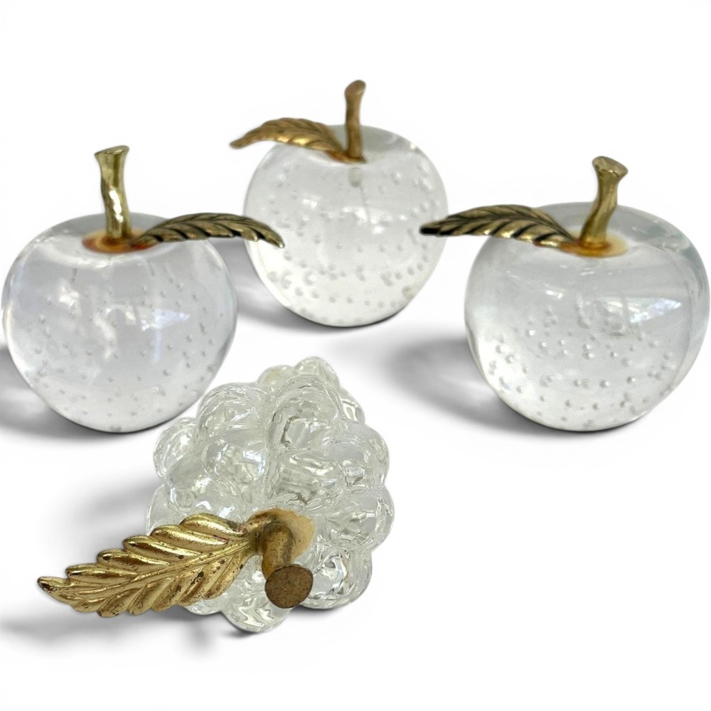 Vintage Clear Art Glass Fruit Paperweights Controlled‎ Bubble Apple Grape Set 4
